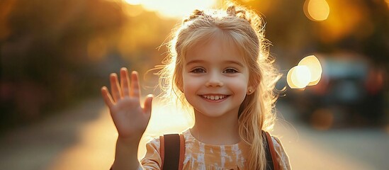 A cheerful schoolgirl waves goodbye on her way to school, capturing the warmth of back-to-school moments, perfect for educational marketing or family events.