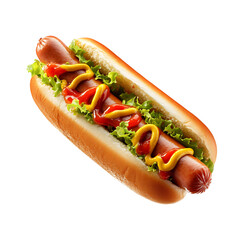 A Classic Hot Dog with Mustard Ketchup and Relish Isolated on Transparent Background