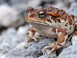 Obraz premium A close-up of a vibrant reddish pond frog with distinctive white stripes on the head, sitting on rocky ground.
