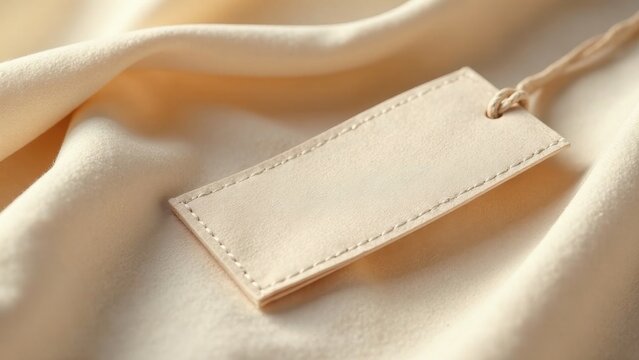 A cream-colored fabric tag rests gently on soft, folded textile, showcasing a blank space perfect for branding or messaging.