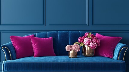 Blue Velvet Sofa with Pink Pillows and Flowers in Elegant Interior