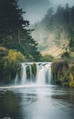 Fototapeta premium Misty Waterfall Cascading Over Rocks in a Lush Forest