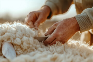 In a tranquil rural environment, the farmer carefully shears wool from a sheep, showcasing the close bond between them. The warm evening light enhances the tender moment