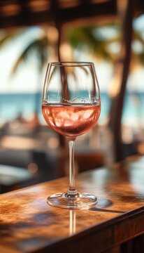 ros&eacute; pink wine in a chilled glass at the bar on the beach