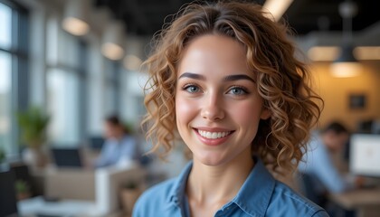 A Confident Young Woman With Curly Blonde Hair Smiles Warmly In A Modern Office Setting, Showcasing Natural Beauty And A Bright, Positive Attitude