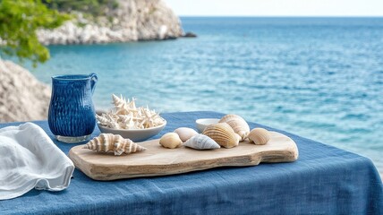 Table decoration and centerpiece concept. A serene coastal scene featuring a wooden platter with shells, a blue pitcher, and a tablecloth, set against a backdrop of calm water and rocky shores.