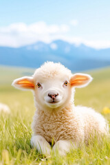 Fototapeta premium Soft white lambs frolic playfully in a lush green field, their delicate fur glowing brightly in the warm sunlight. The expansive blue sky promotes a tranquil, idyllic atmosphere