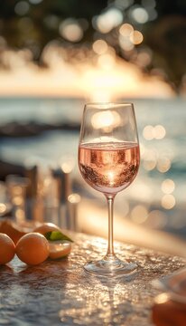 ros&eacute; pink wine in a chilled glass at the bar on the beach