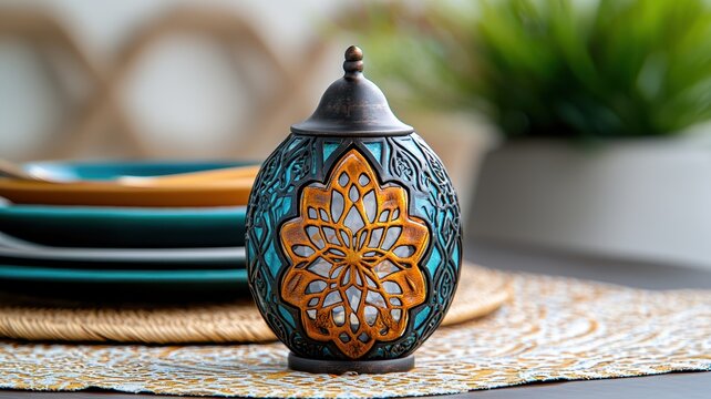 Table decoration and centerpiece conA beautifully crafted decorative jar with intricate designs sits elegantly on a woven mat, accompanied by colorful plates and a touch of greenery in the background.