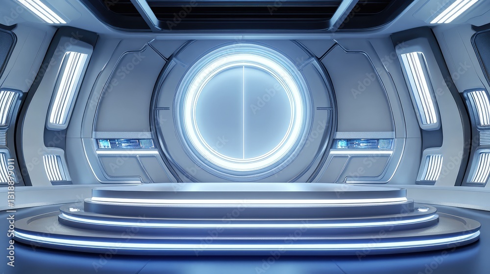 Poster a close-up of a concert stage featuring a futuristic design with a circular led backdrop, illuminate