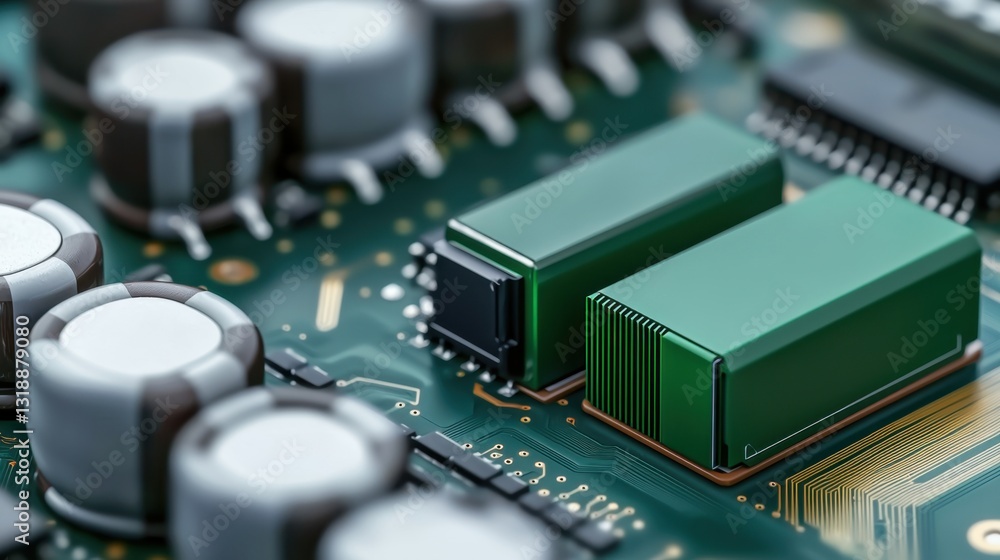 Poster battery sustainable materials concept, close-up of an energy efficient circuit board featuring capac