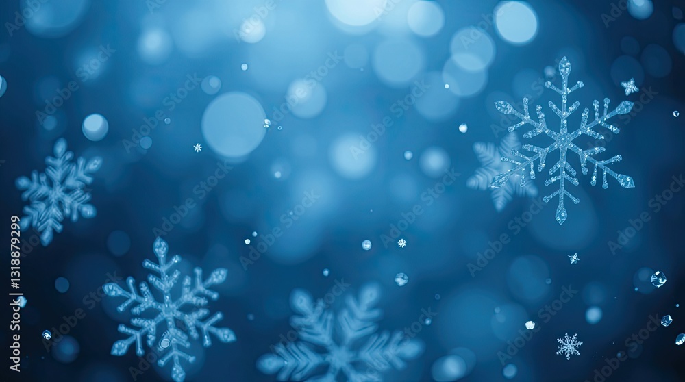 Poster snowflakes of various sizes gracefully descend against a beautiful blue backdrop creating a serene w