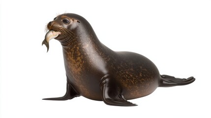 Naklejka premium Dark Brown Seal Pup Eating Fish on White Background