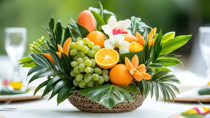 Table decoration and centerpiece concept. A vibrant fruit arrangement featuring oranges, grapes, and tropical flowers, perfect for a fresh, colorful table setting.