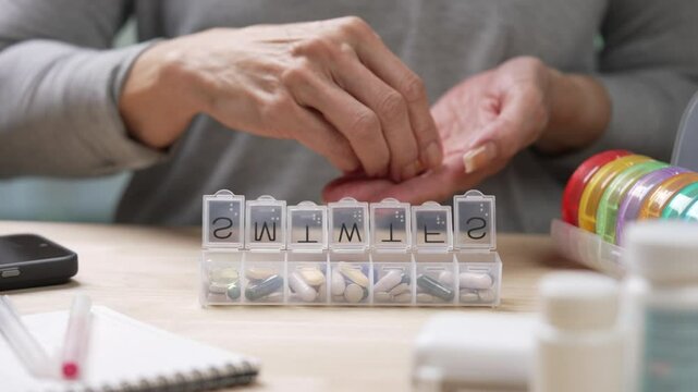 Senior woman putting her pill and vitamin into pill organizer at home