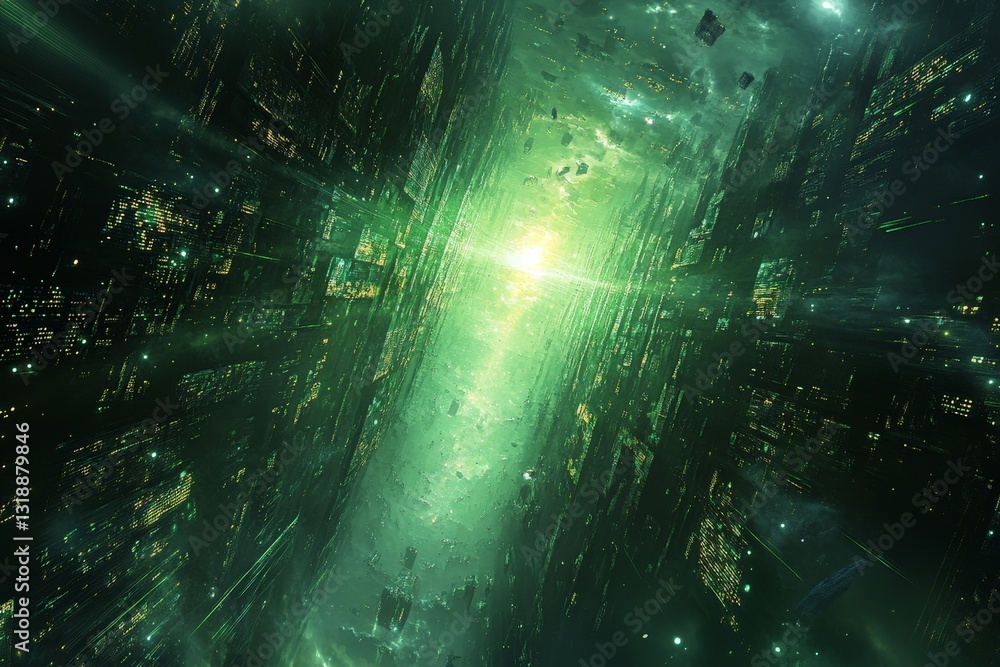 Aufkleber vibrant green energy surges through futuristic cityscape in dynamic cosmic setting with floating str