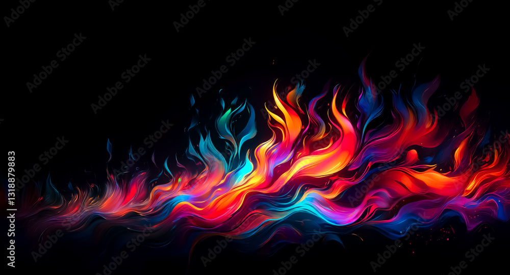 Aufkleber vibrant flames dance against a stark black backdrop, showcasing a spectrum of colors from fiery reds