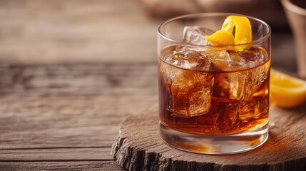 A close-up of a whiskey cocktail in a short glass, served with ice and a citrus peel garnish, placed on a wooden surface with ample room for branding or text.