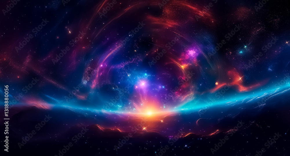 Poster vibrant cosmic clouds swirl in the dark expanse, illuminated by bright starlight. nebula glows with 