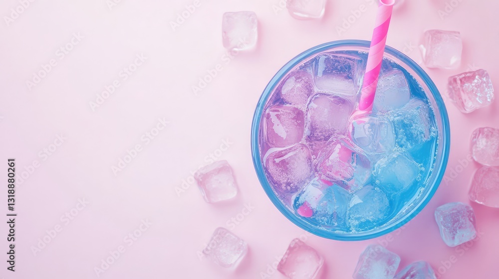 Poster a colorful beverage for kids with ice cubes and a playful straw, resting on a pastel surface with am