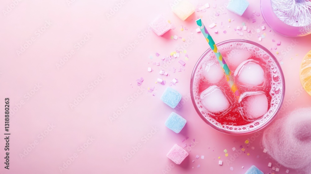 Poster a colorful beverage for kids with ice cubes and a playful straw, resting on a pastel surface with am