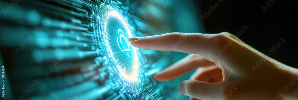 Poster a hand is pointing at a blue circle on a computer screen. the circle is surrounded by a series of li