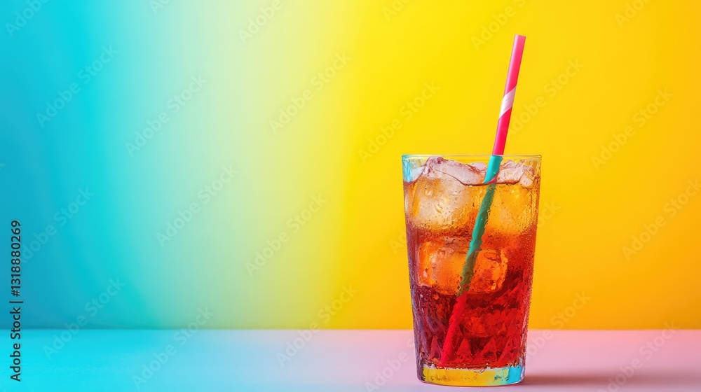 Poster a colorful beverage for kids with ice cubes and a playful straw, resting on a pastel surface with am