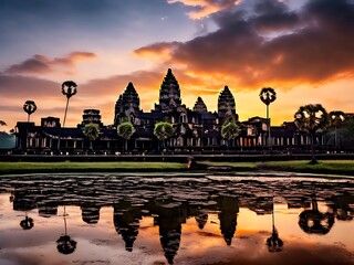 Fototapeta premium Angkor Wat Temple at Sunset with Palm Trees Reflection