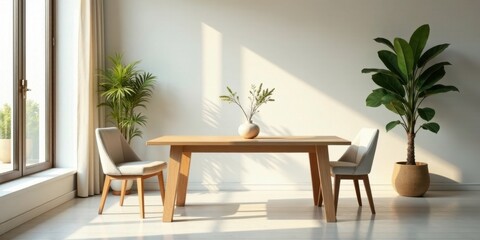 Serene Minimalist Dining Room with Sunlight Streaming Through Window and Natural Decor