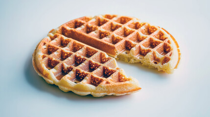 Delicious belgian waffle with missing piece on white background