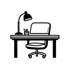 Minimalistic workspace design featuring an office chair, desk with lamp, and stationery organizer during late afternoon hours