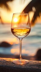 white wine in a chilled wine glass at the bar on the beach