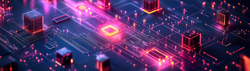 Fototapeta premium Futuristic Digital Network with Glowing Circuits and Smart Technology in Isometric Style Representing IoT and Connectivity