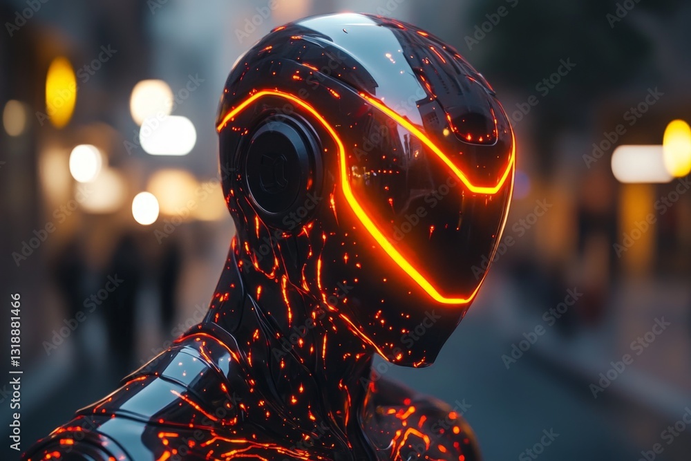 Poster futuristic robot stands in a neon-lit urban environment at twilight showcasing advanced technology a