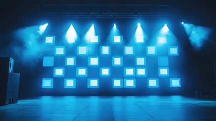 Obraz premium A creative shot of an empty concert stage featuring a high-tech LED backdrop with a minimalist design and futuristic lighting setup, providing clear space for promotional content.