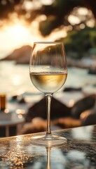 Obraz premium white wine in a chilled wine glass at the bar on the beach
