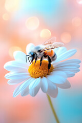 Fototapeta premium A bee is quietly perched on a daisy, illuminated by gentle morning sunlight. The flower's petal textures contrast beautifully with the fuzzy body of the bee, capturing a serene moment in nature