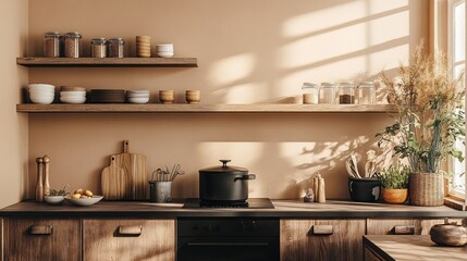 Fototapeta premium A beautifully designed kitchen showcases natural materials, with wooden shelves displaying bowls and jars. Sunlight streams through a window, enhancing the inviting vibe