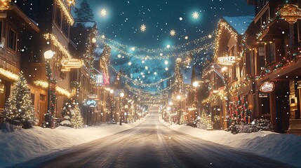Snowy Village Street Decorated with Christmas Lights at Night