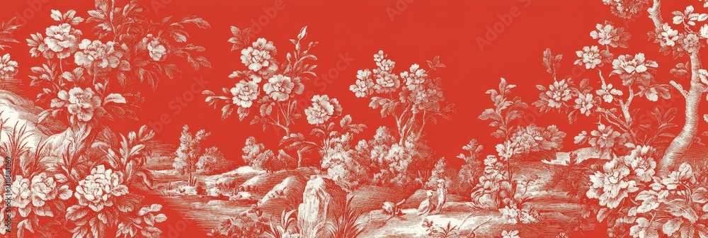 Poster a red and white floral print with a tree in the foreground. the red and white color scheme gives the