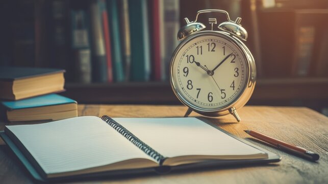 A time management concept with an open planner, analog clock, and a motivational quote board in the background