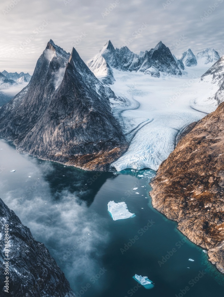 Poster a mountain range with snow capped peaks and a river with ice floating in it. the sky is cloudy and t