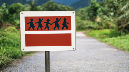 Rural Road Children Crossing Warning Sign Red and White Signpost in Green Landscape