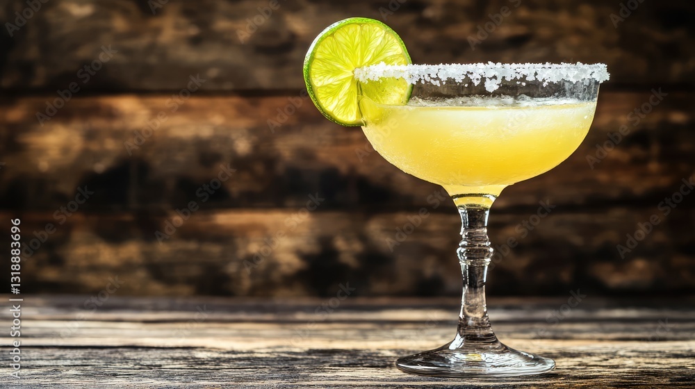 Poster a frosty margarita in a glass with a salted rim and lime wedge, placed on a rustic wooden surface, w
