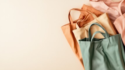 A folded pile of reusable shopping bags in muted, earthy tones resting on a clean, neutral surface.