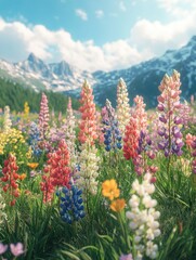 Fototapeta premium Vibrant meadow of wild flowers in an alpine landscape with distant mountains.