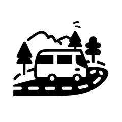 Adventure through winding roads in a camper van surrounded by mountains and trees