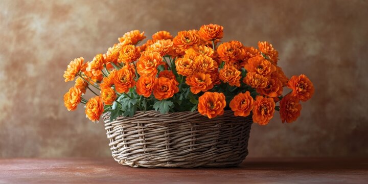 A basket filled with vibrant orange flowers, evoking a cozy autumnal ambiance.