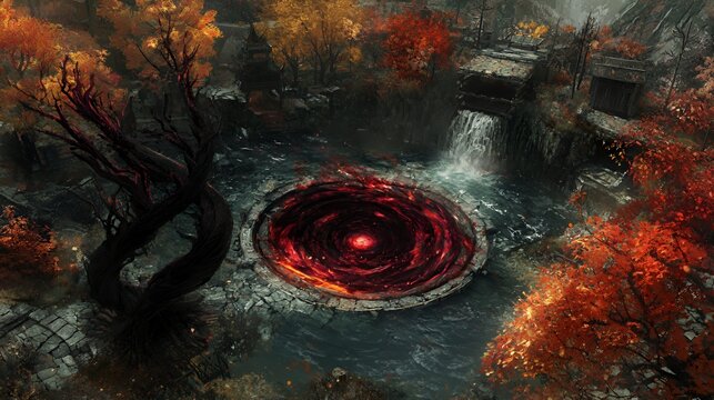 Glowing Red Vortex in Autumn Forest River - Powered by Adobe