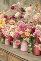 Fototapeta premium Floral Arrangement of Dahlias and Astilbe in Vases on Antique Dresser